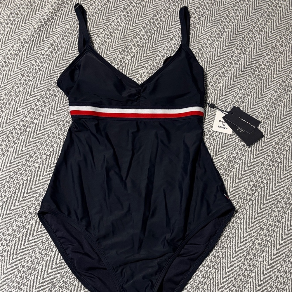 Tommy Hilfiger Navy One Piece Swimsuit with Red and White Stripe